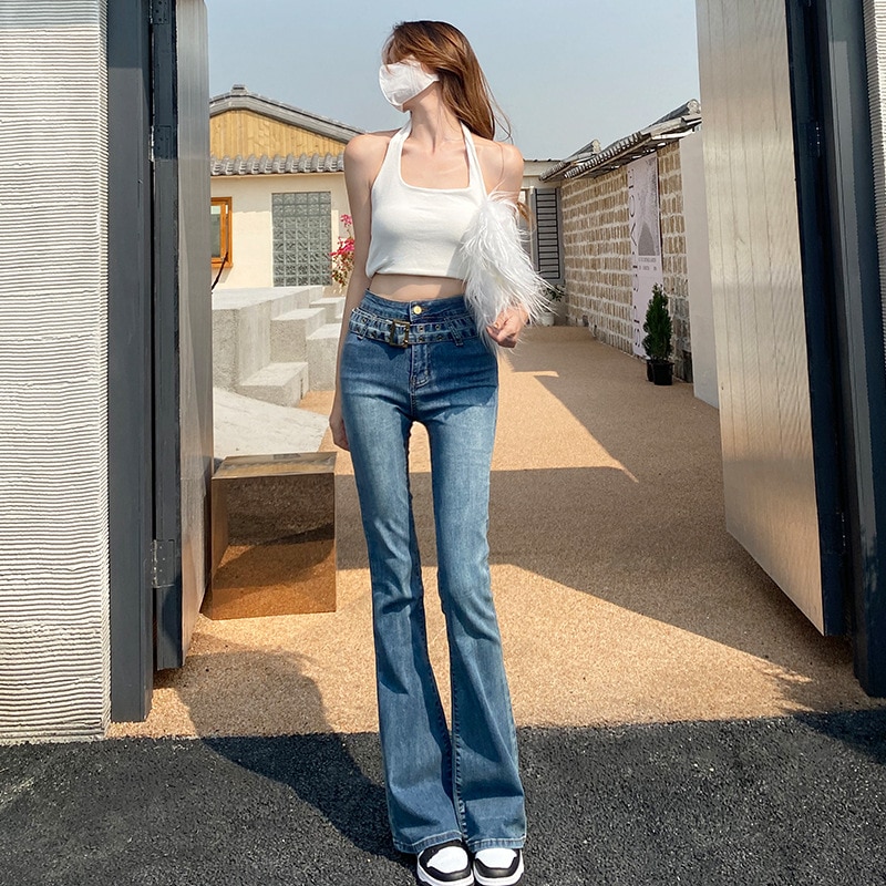 Micro-flare Jeans Women&s Blue Spring and Autumn Design Sense High Waist Show Thin Horseshoe Pants Small High Street